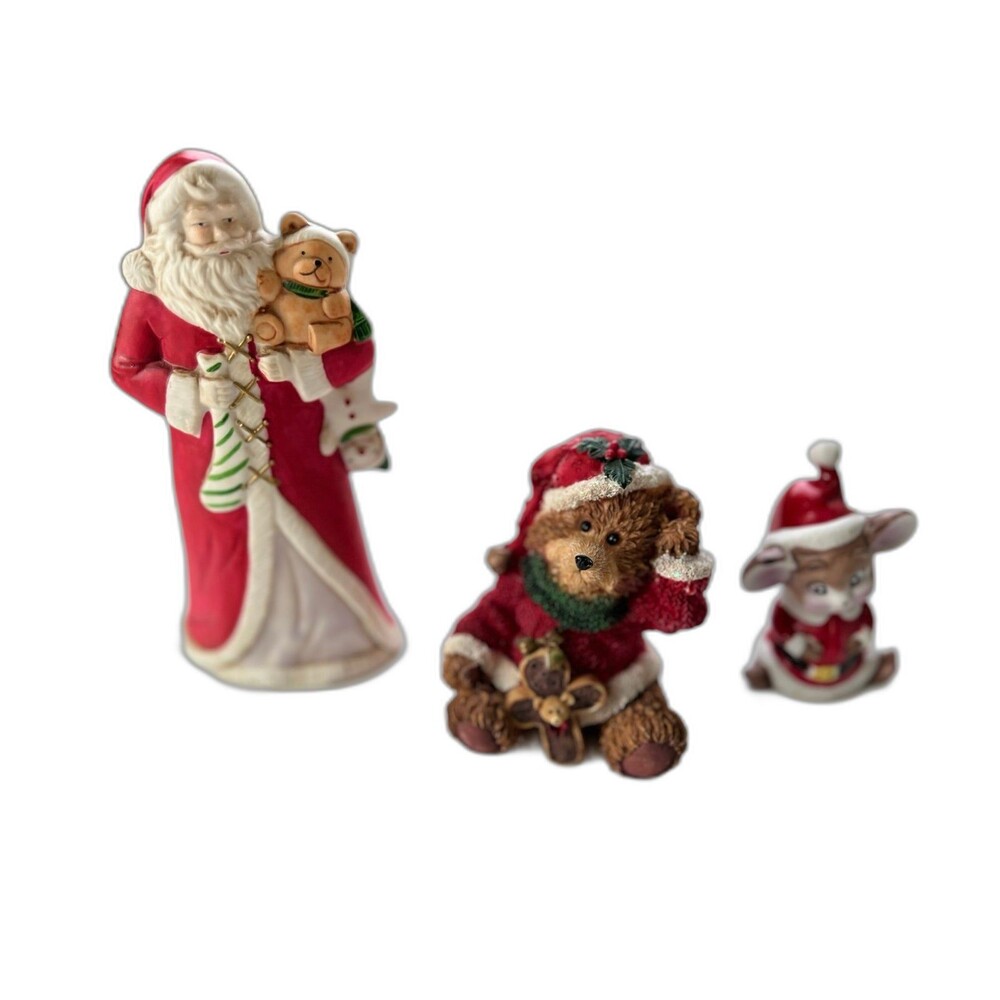 3 1980s Vintage Christmas Ceramic Figurines Bundle Santa Bear & Holiday Mouse